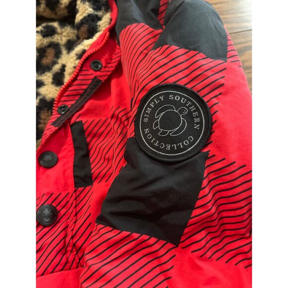 Simply Southern reversible red black checked pullover plush leopard print sz L - Picture 5 of 12
